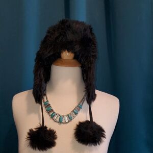 Faux fur Bougie Black Trapper Hat w/pom pom's  Warm & cozy!